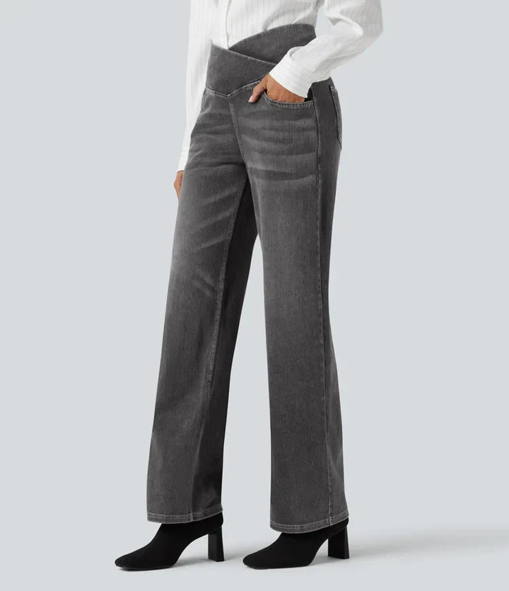 Women’s Crossover High Waisted Tummy Control Jeans with Straight Legs and Pockets