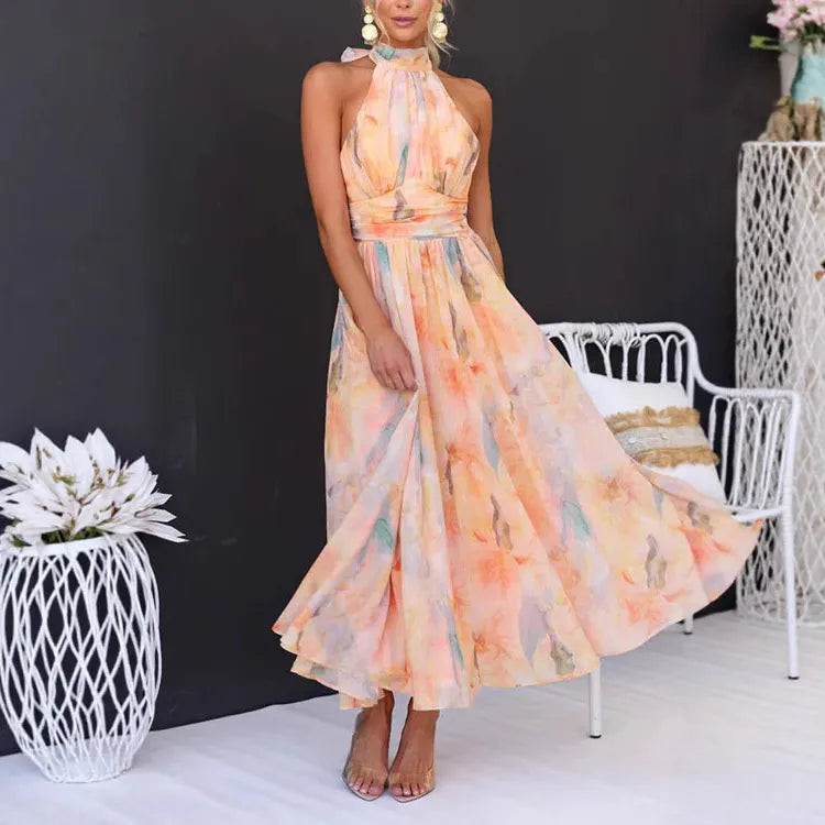 Women’s Halter A-Line Midi Dress with Fitted Waistband