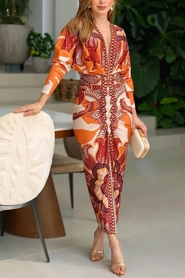 Women’s V-Neck Printed Ruched Midi Dress with Split