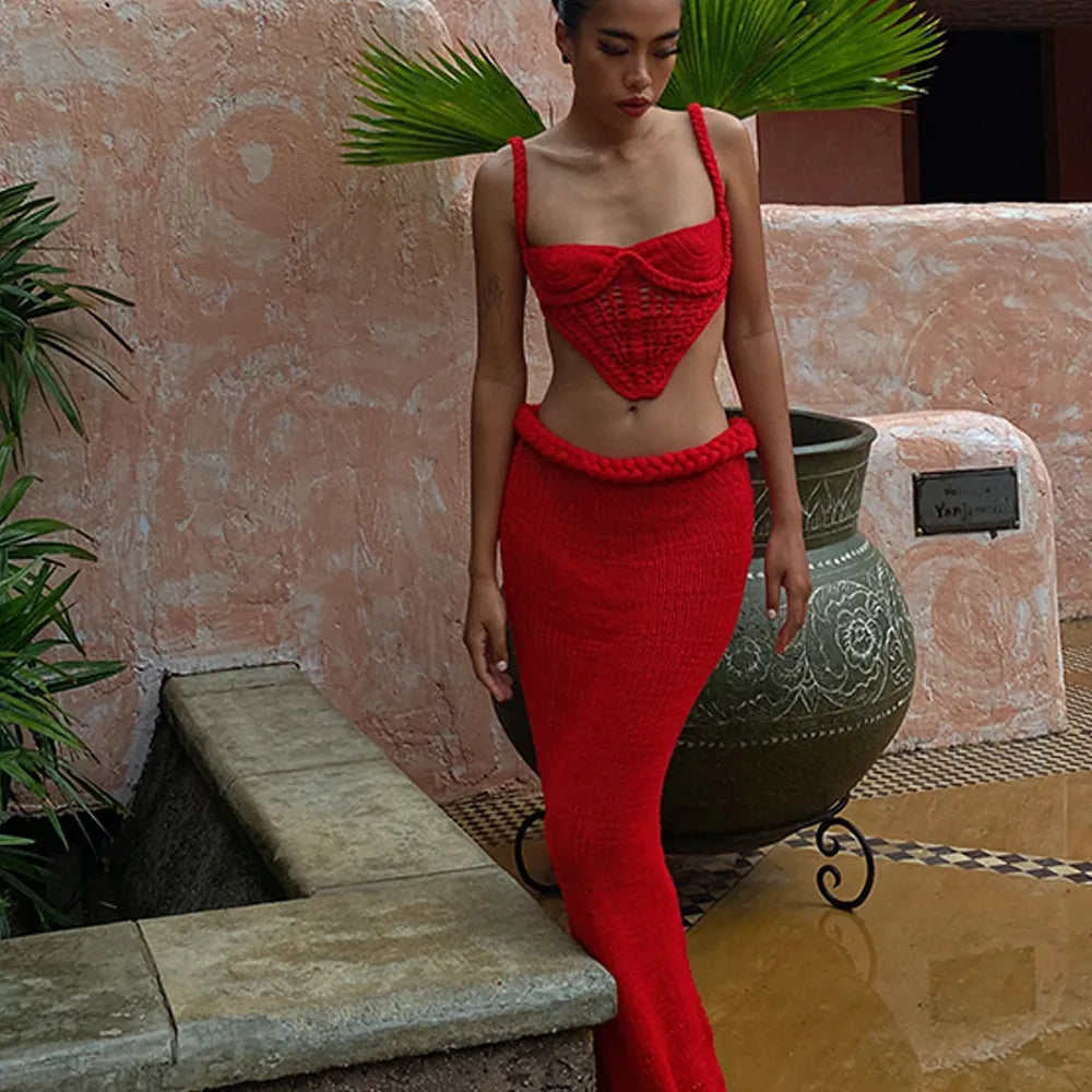 Women’s Crochet Two Piece Set with Braided Straps and Maxi Skirt