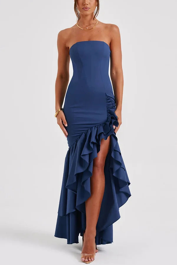 Women’s Strapless Ruffle Corset Maxi Dress with Asymmetrical Hem