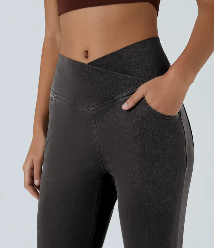 Women’s Flare Pants with High-Rise Crossover Waist and Pockets