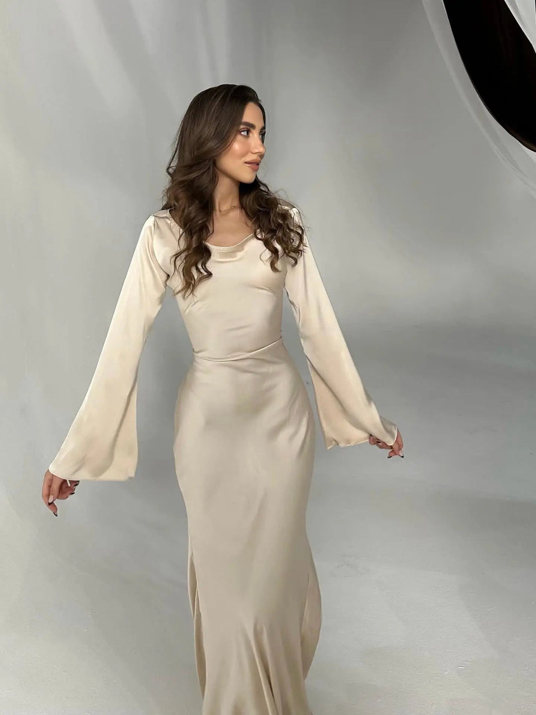 Women’s Satin Lace-Up Waist Maxi Dress with Long Fluted Sleeves
