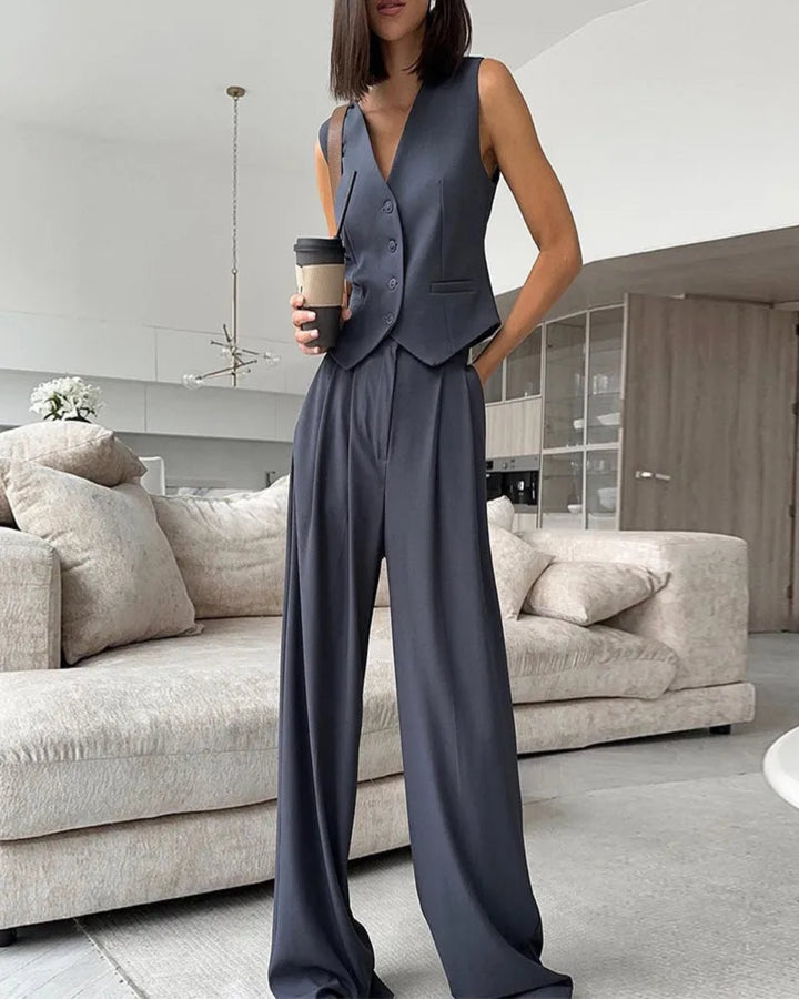 Women’s Formal with V-Neck Vest and Wide-Leg Pants