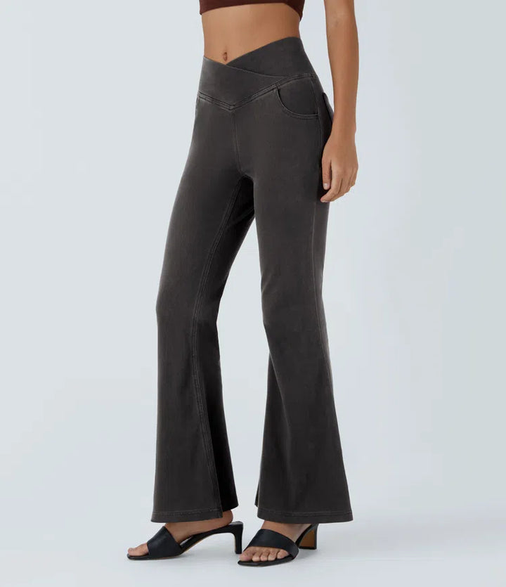 Women’s Flare Pants with High-Rise Crossover Waist and Pockets