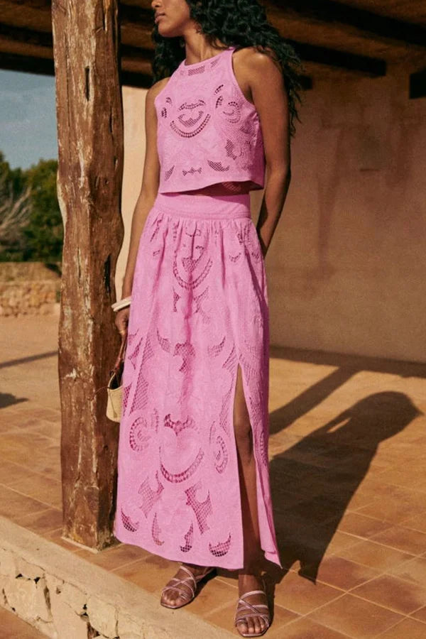 Women’s Embroidered Crop Top Two Piece Set with A-Line Skirt Set