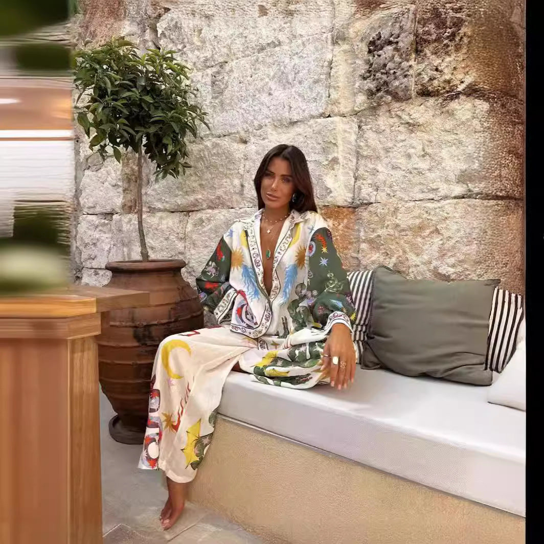 Women’s Linen Printed Two-Piece Set with Pants