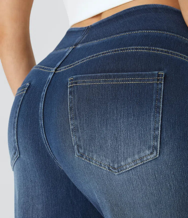 Women’s High Waist Denim Pants with Wide Legs and Waistband