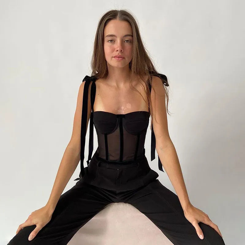 Women’s Sheer Bow-Shoulder Corset Top