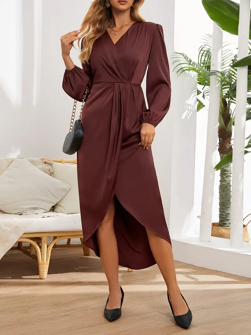 Women’s V-Neck Wrap Midi Dress with Long Sleeves