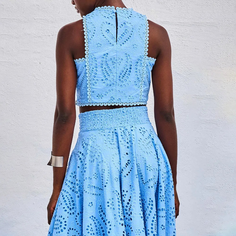 Women’s Embroidered High-Neck Crop Top Two Piece Set with A-Line Maxi Skirt