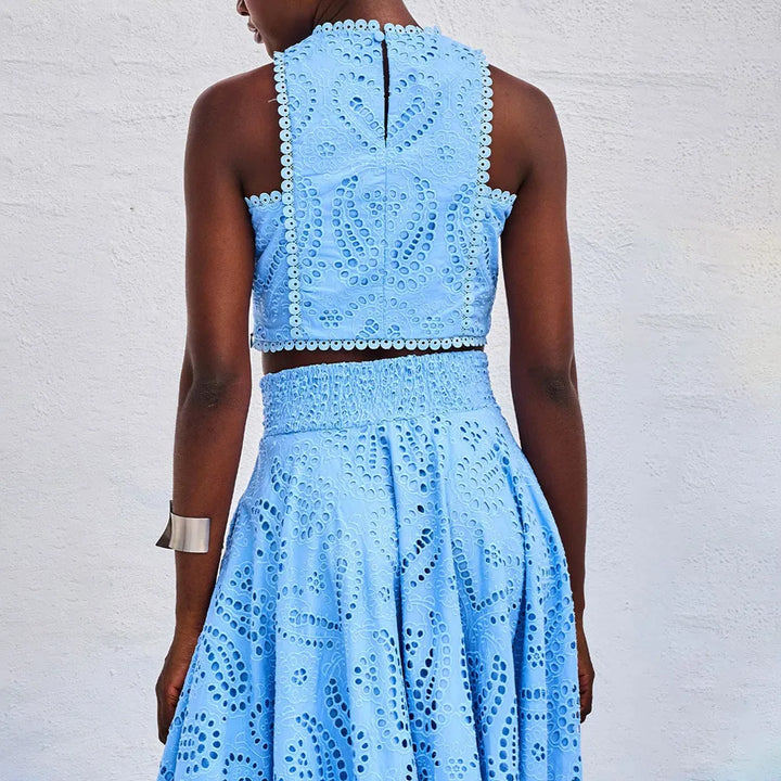 Women’s Embroidered High-Neck Crop Top Two Piece Set with A-Line Maxi Skirt