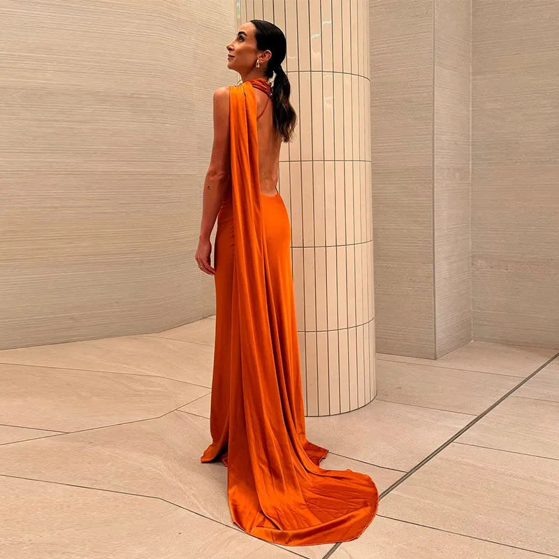 Women’s Satin One-Shoulder Cocktail Maxi Dress with Open Back