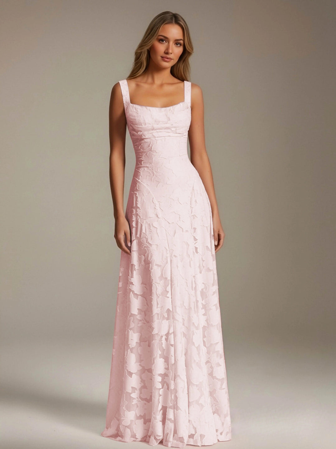 Women’s Floral Lace A-Line Maxi Wedding Guest Dress with Square Neck