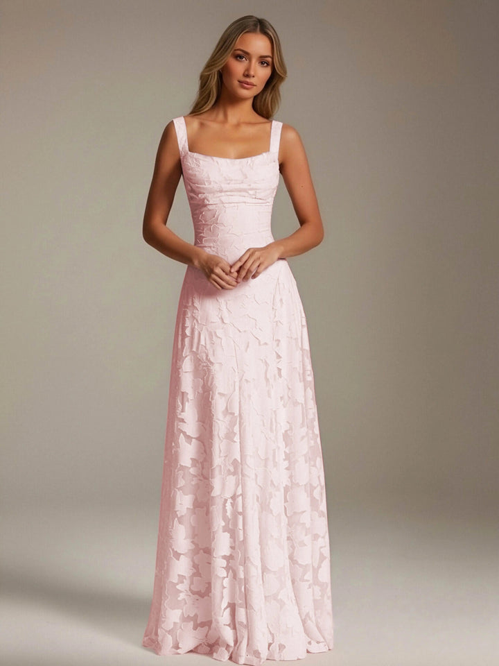 Women’s Floral Lace A-Line Maxi Wedding Guest Dress with Square Neck