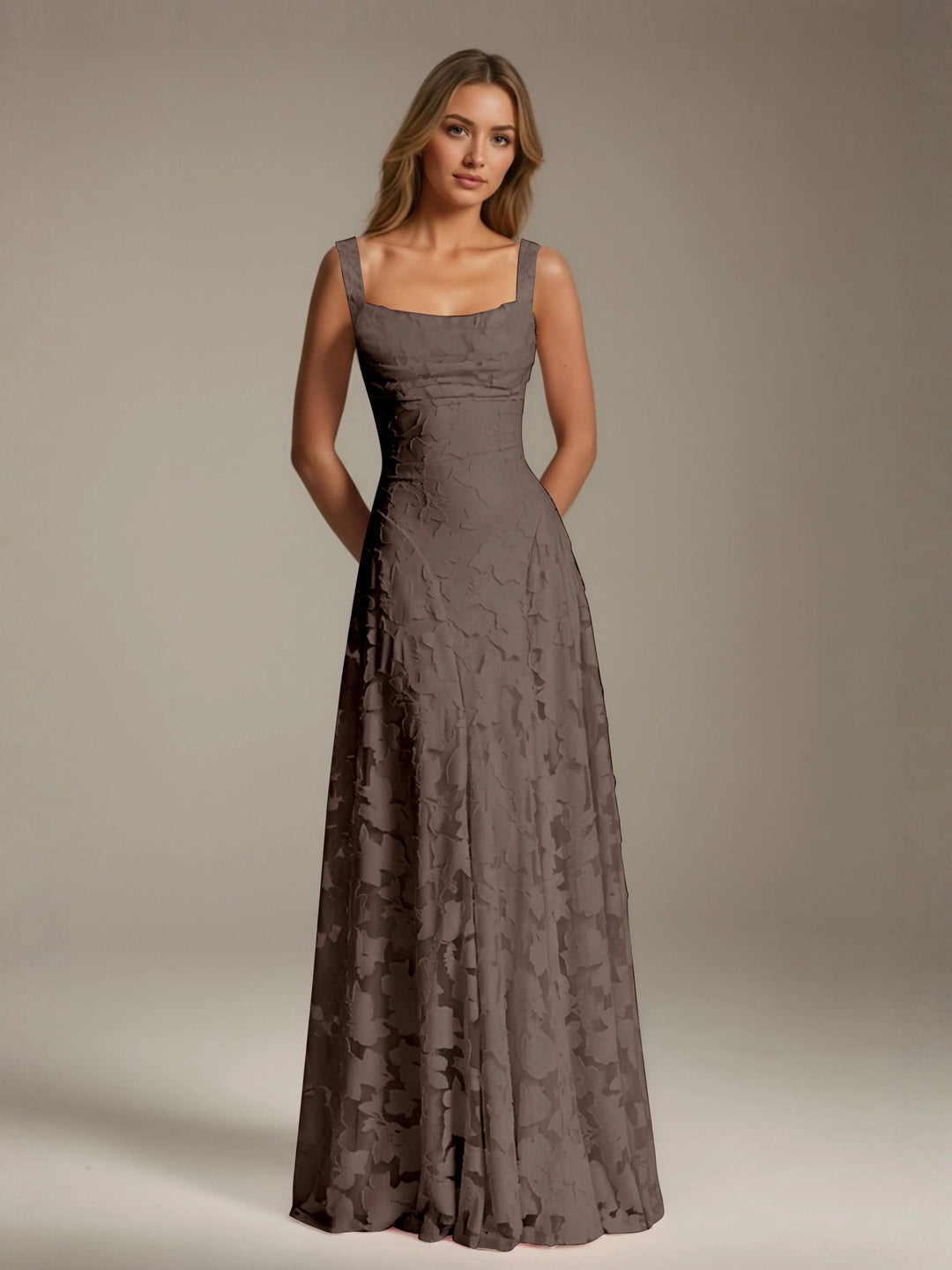 Women’s Floral Lace A-Line Maxi Wedding Guest Dress with Square Neck