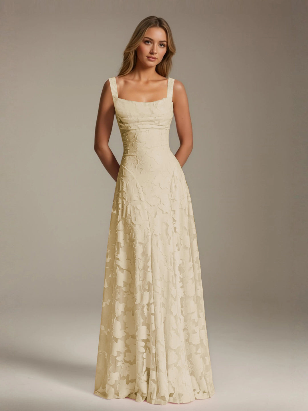Women’s Floral Lace A-Line Maxi Wedding Guest Dress with Square Neck