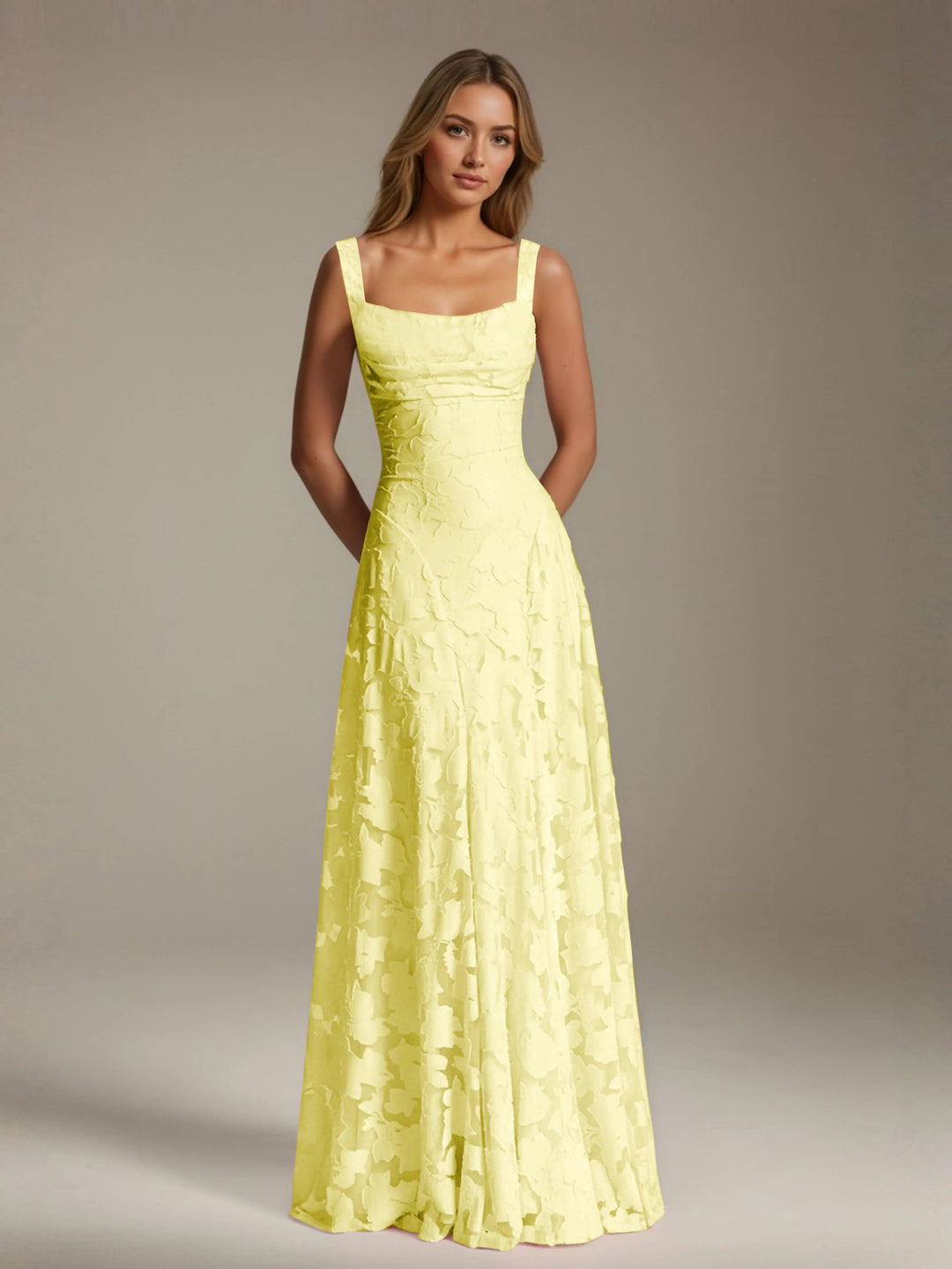Women’s Floral Lace A-Line Maxi Wedding Guest Dress with Square Neck