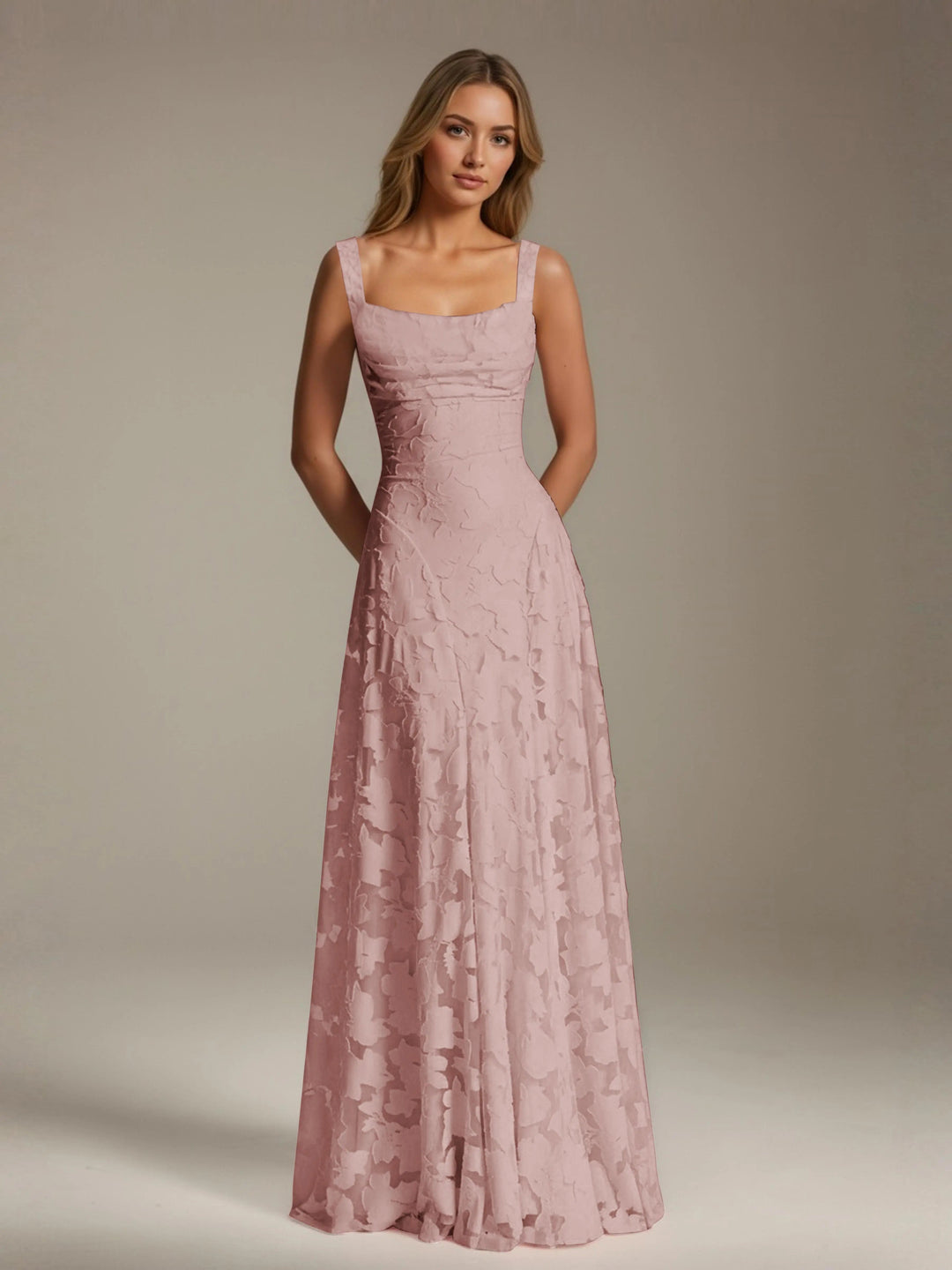 Women’s Floral Lace A-Line Maxi Wedding Guest Dress with Square Neck