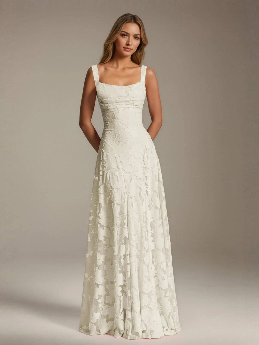 Women’s Floral Lace A-Line Maxi Wedding Guest Dress with Square Neck