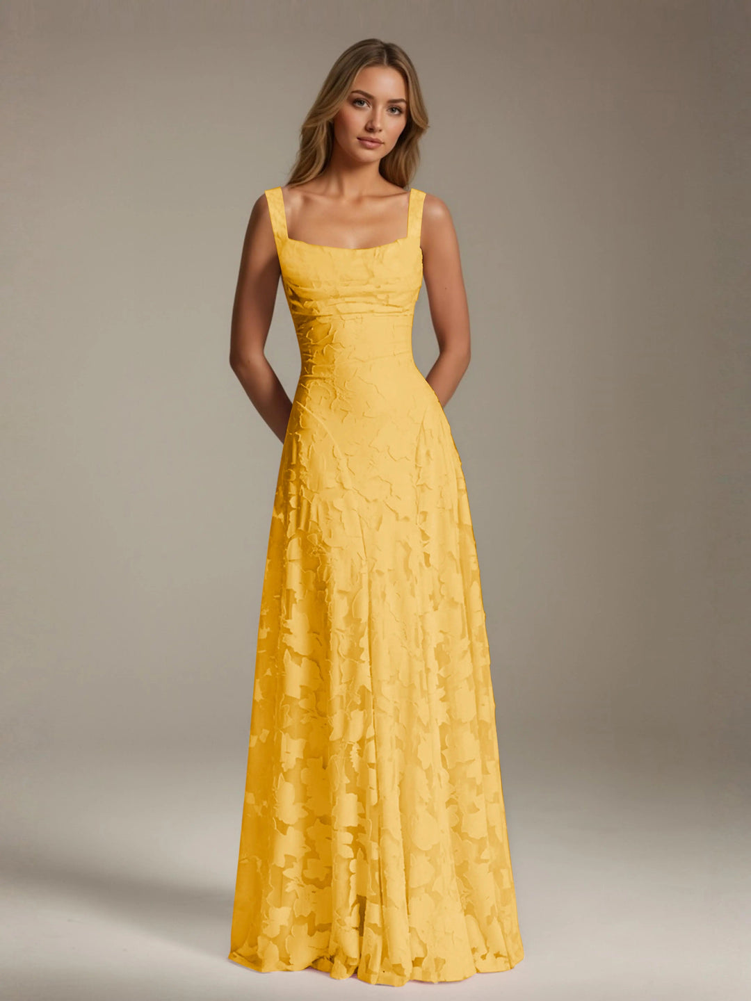 Women’s Floral Lace A-Line Maxi Wedding Guest Dress with Square Neck