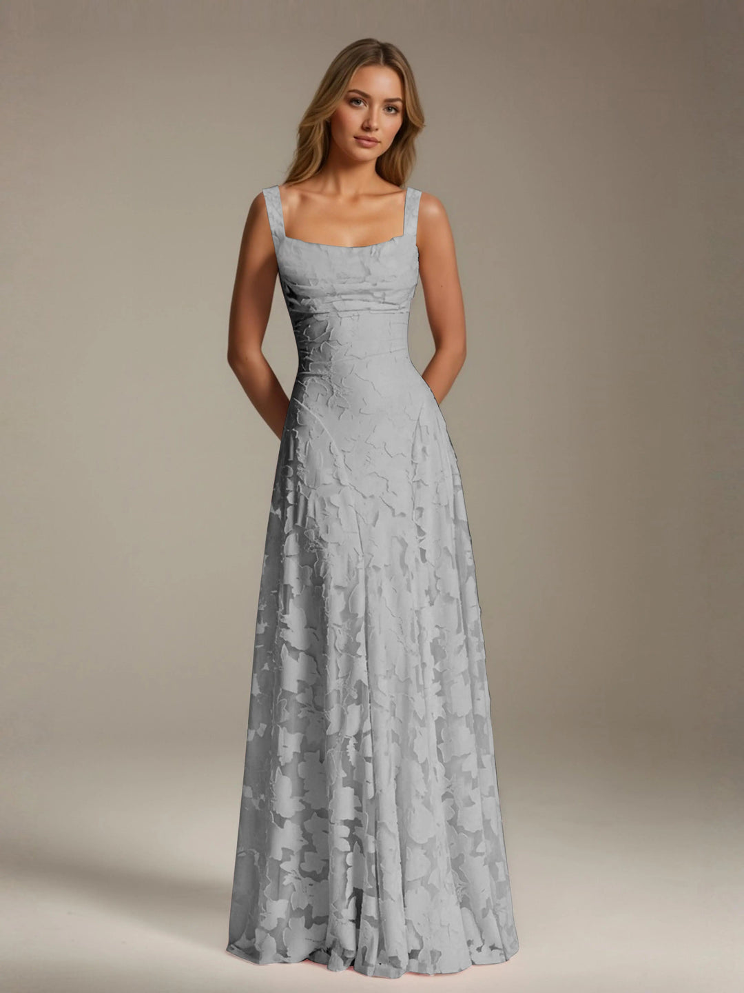 Women’s Floral Lace A-Line Maxi Wedding Guest Dress with Square Neck