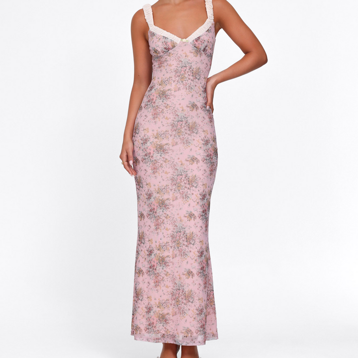 Women’s Floral Bustier Bodycon Maxi Dress with V-neck