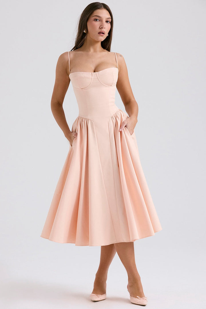 Women's Cocktail Corset Midi Dress with Adjustable Straps
