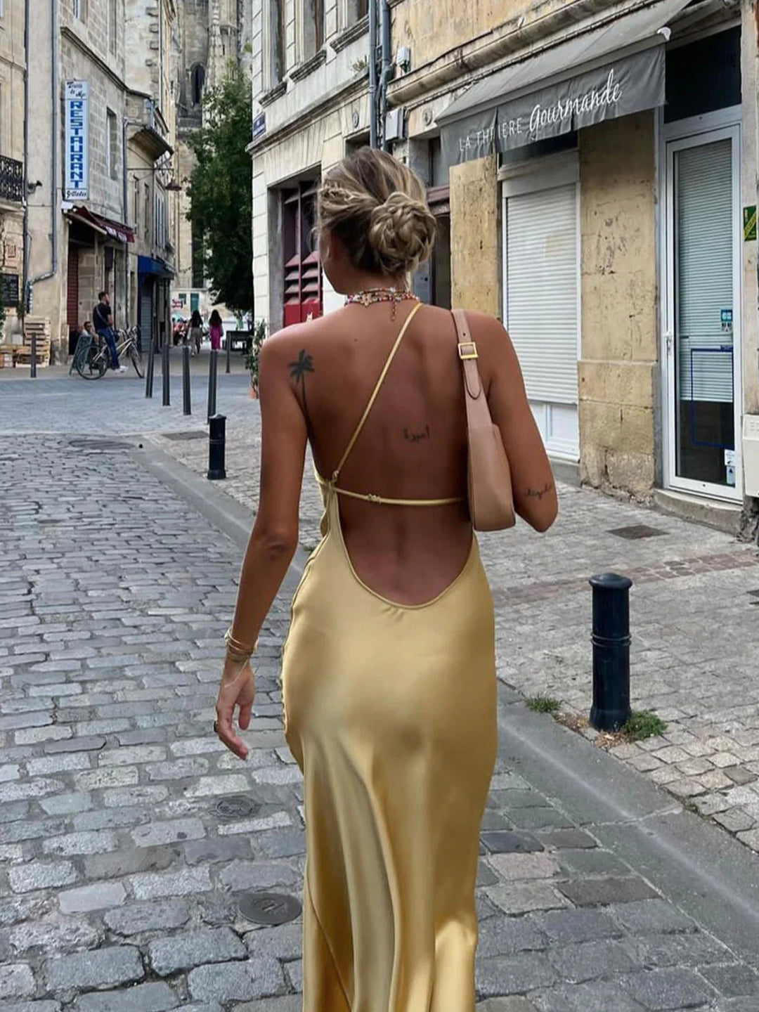 Women’s Backless Satin Maxi Dress with Side Slit