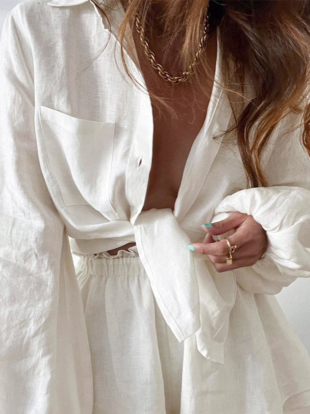 Women’s Linen Long-Sleeve Shirt Two-Piece Shorts Set