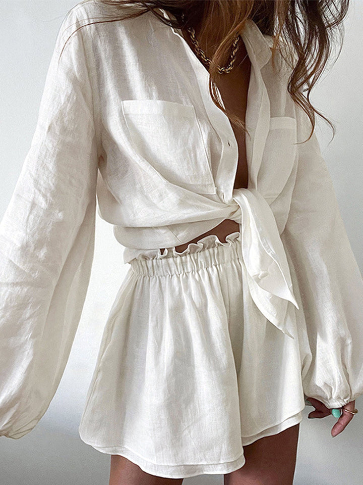 Women’s Linen Long-Sleeve Shirt Two-Piece Shorts Set