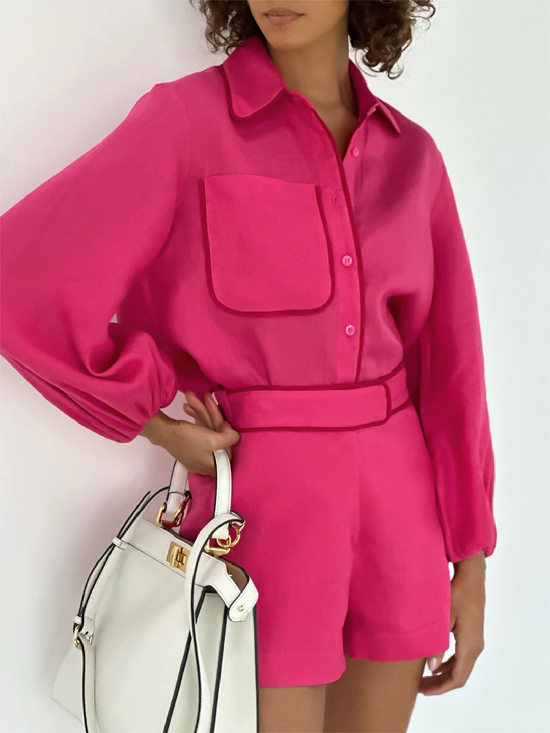 Women’s Cotton Contrast-Piped Shirt Two-Piece set with High-Waist Shorts