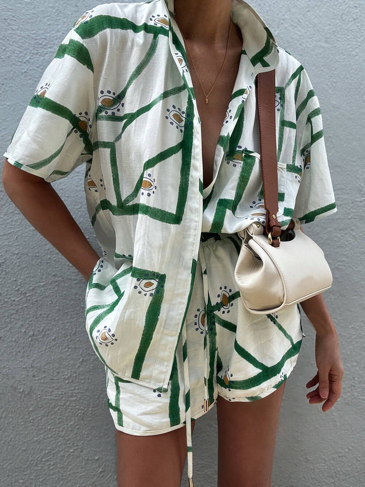Women’s Printed Button-Up Shirt Two-Piece Set with Drawstring Shorts