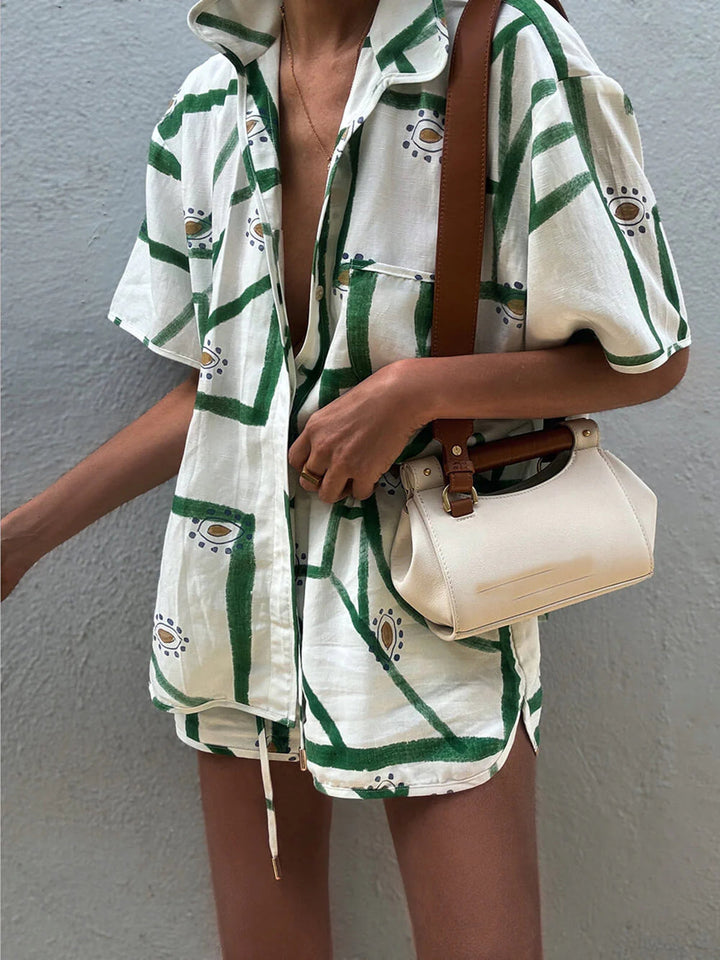 Women’s Printed Button-Up Shirt Two-Piece Set with Drawstring Shorts