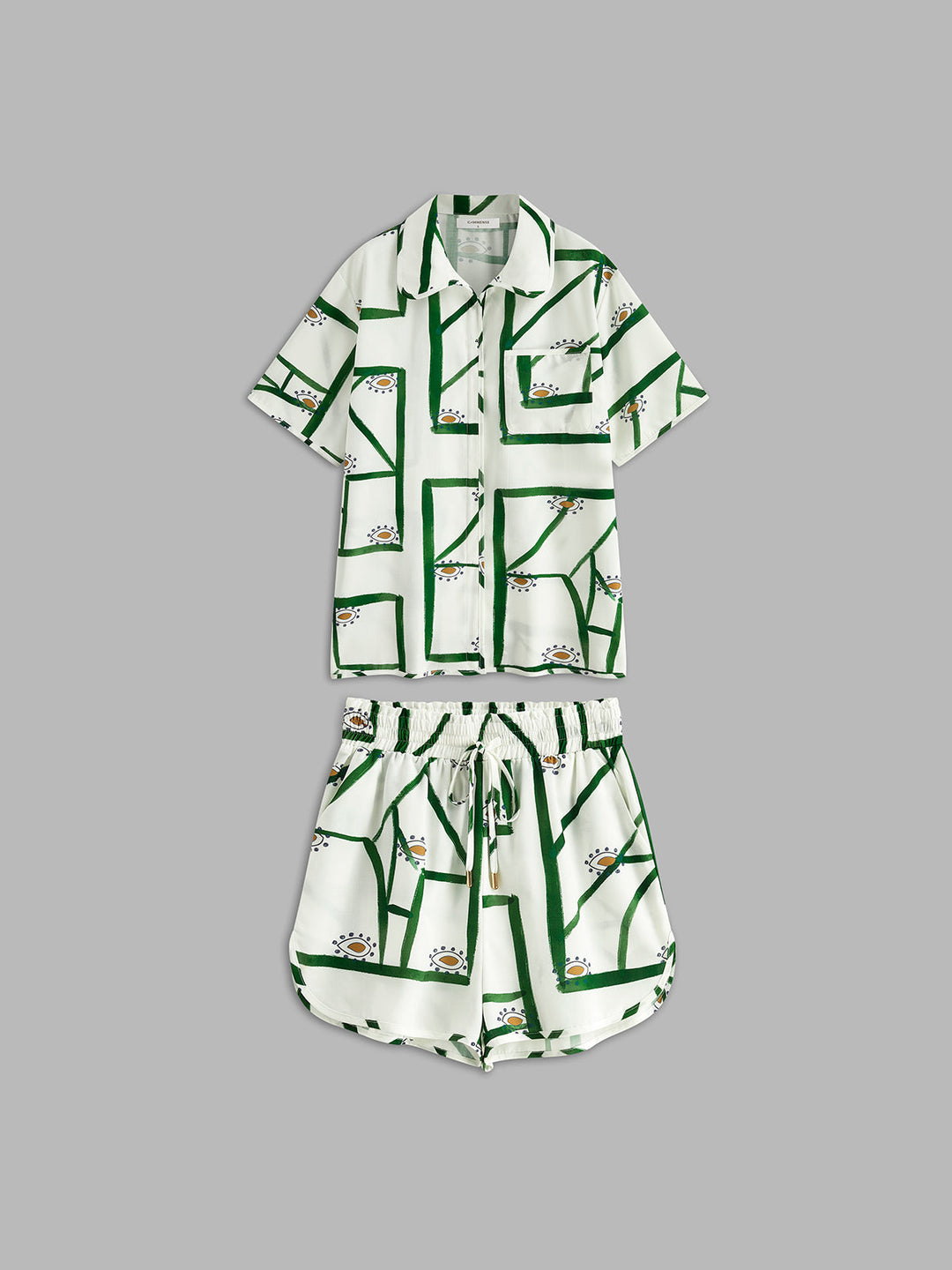Women’s Printed Button-Up Shirt Two-Piece Set with Drawstring Shorts