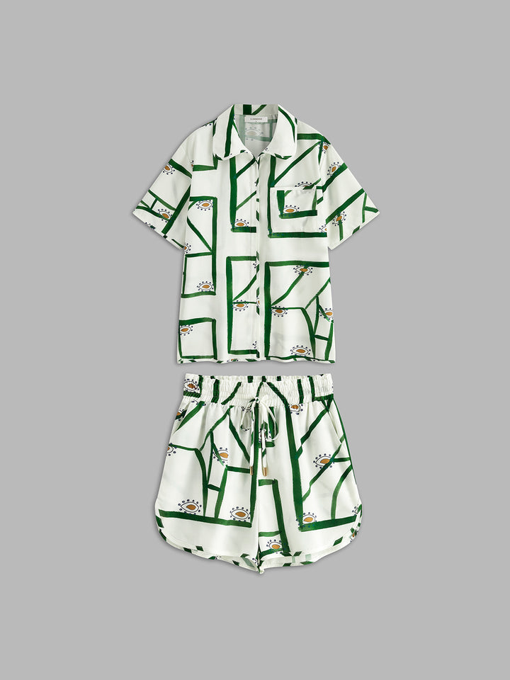 Women’s Printed Button-Up Shirt Two-Piece Set with Drawstring Shorts