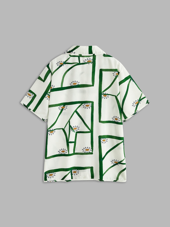 Women’s Printed Button-Up Shirt Two-Piece Set with Drawstring Shorts