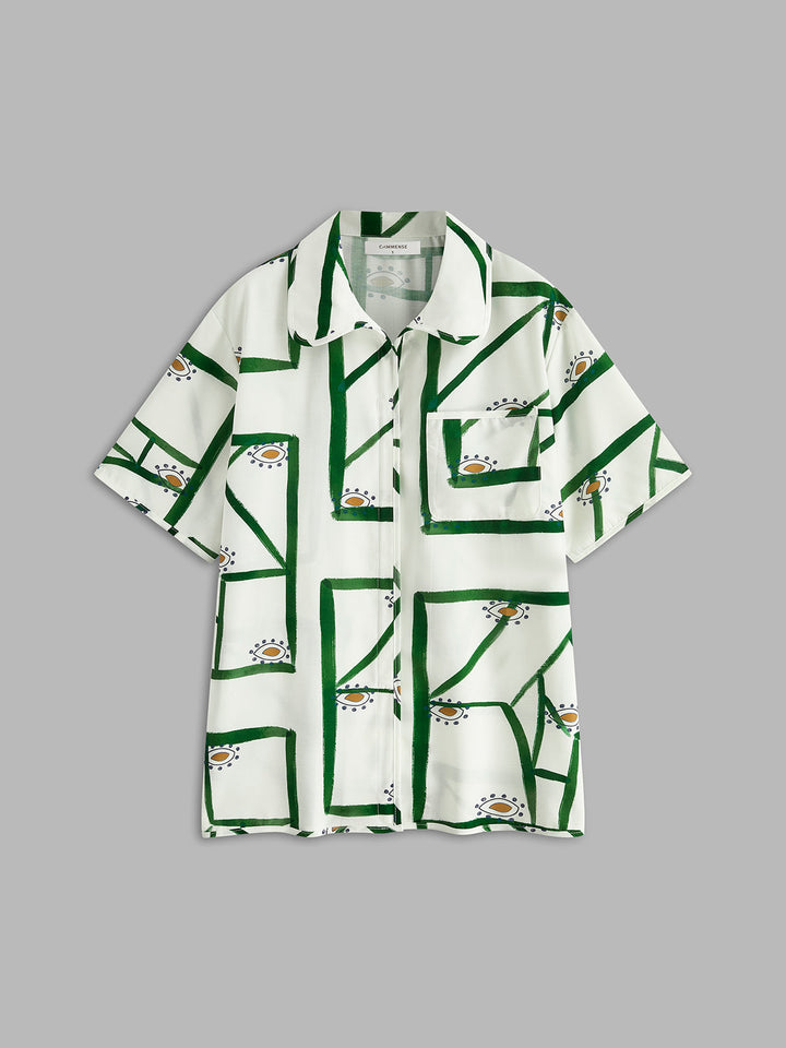 Women’s Printed Button-Up Shirt Two-Piece Set with Drawstring Shorts