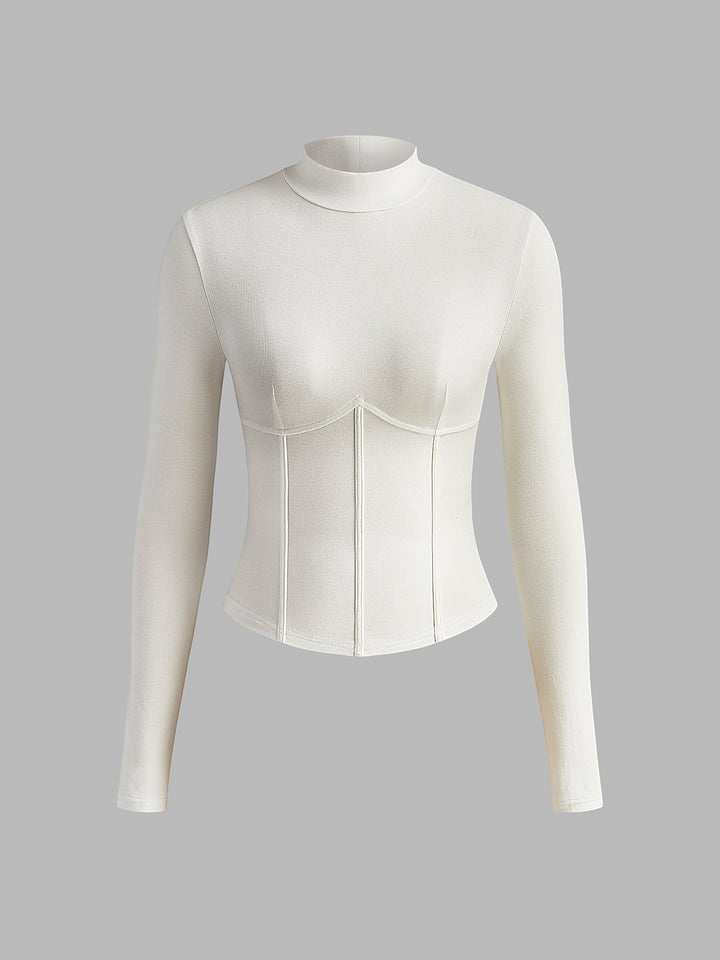 Women’s Mock-Neck Fitted Long Sleeve Top with Corset Seams