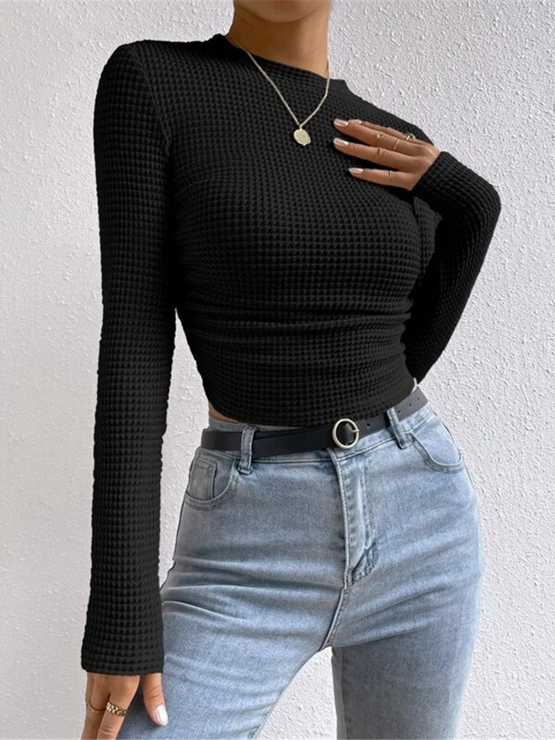 Women’s Long Sleeve Waffle-Knit Cropped Top with Flared Cuffs