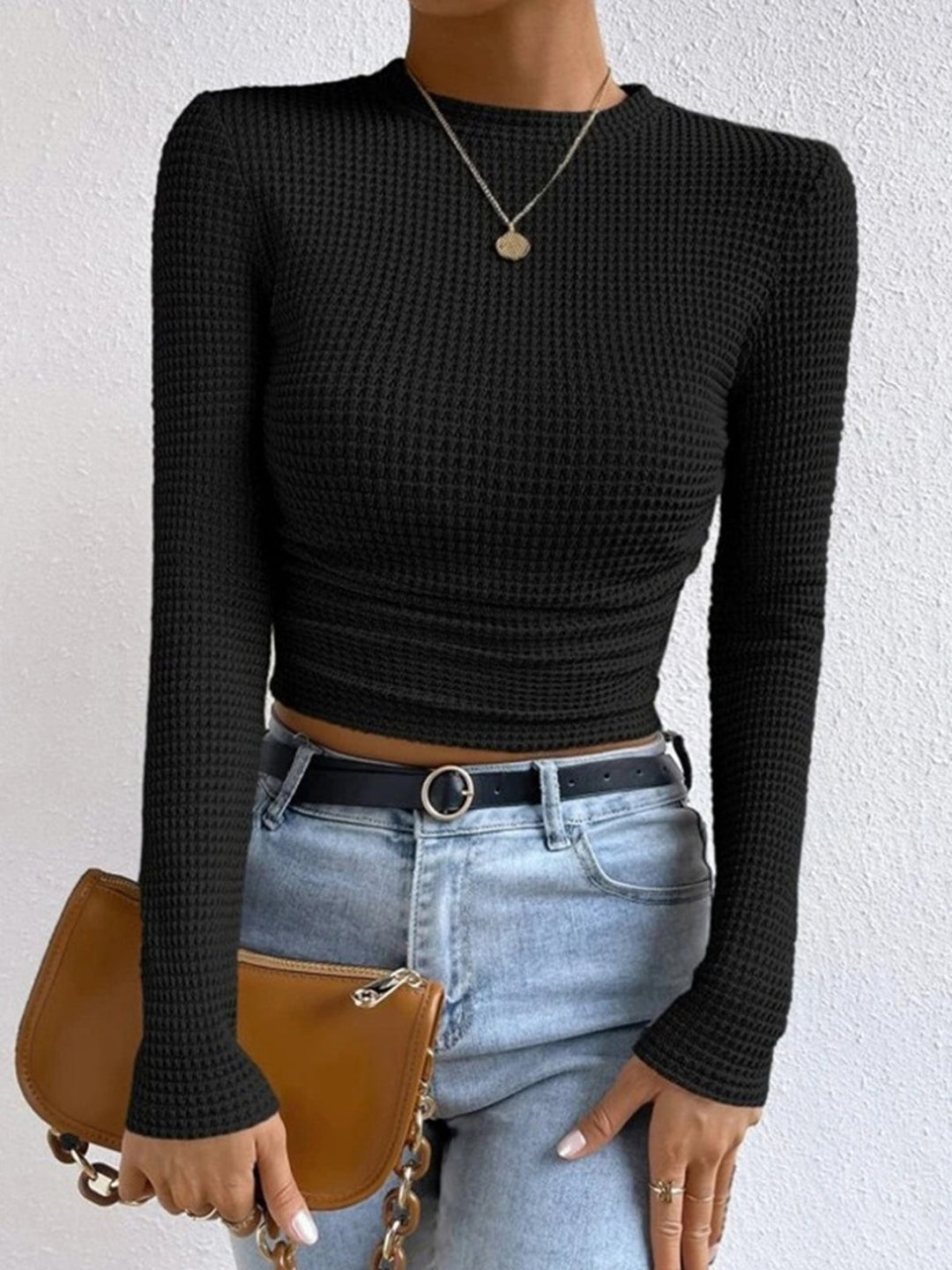 Women’s Long Sleeve Waffle-Knit Cropped Top with Flared Cuffs