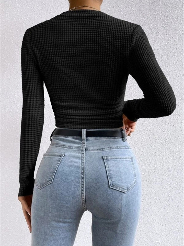 Women’s Long Sleeve Waffle-Knit Cropped Top with Flared Cuffs