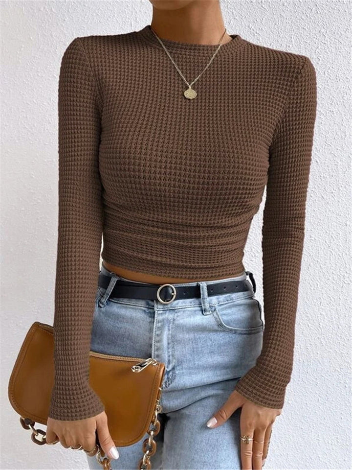 Women’s Long Sleeve Waffle-Knit Cropped Top with Flared Cuffs