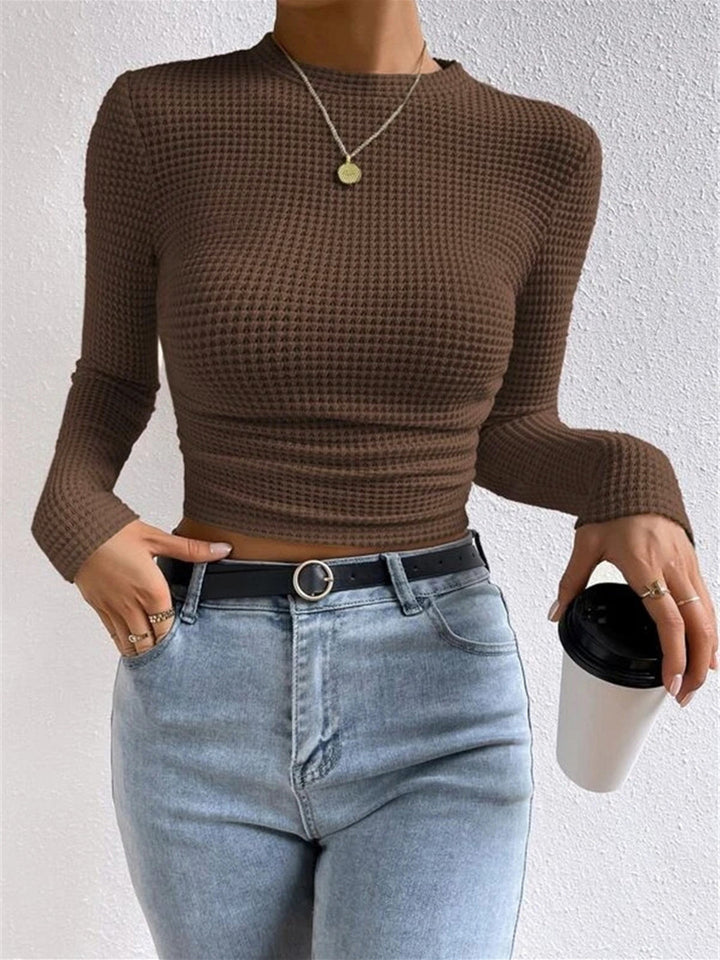 Women’s Long Sleeve Waffle-Knit Cropped Top with Flared Cuffs