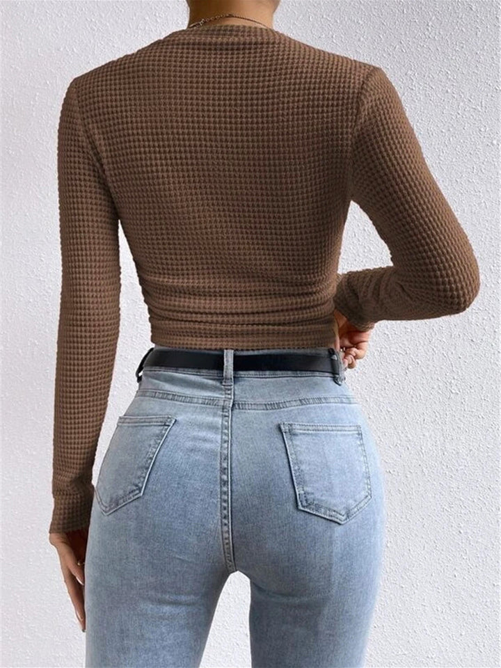 Women’s Long Sleeve Waffle-Knit Cropped Top with Flared Cuffs