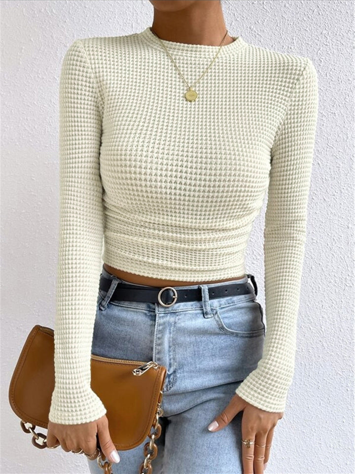 Women’s Long Sleeve Waffle-Knit Cropped Top with Flared Cuffs