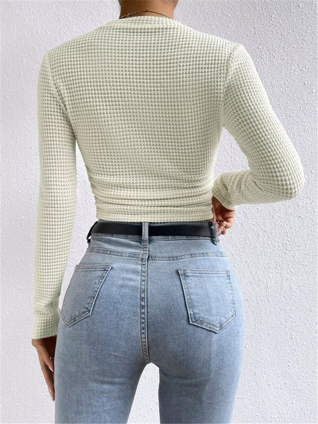 Women’s Long Sleeve Waffle-Knit Cropped Top with Flared Cuffs