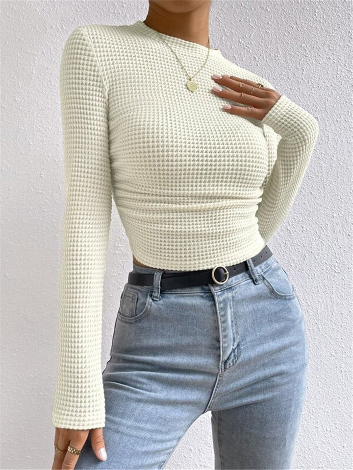 Women’s Long Sleeve Waffle-Knit Cropped Top with Flared Cuffs