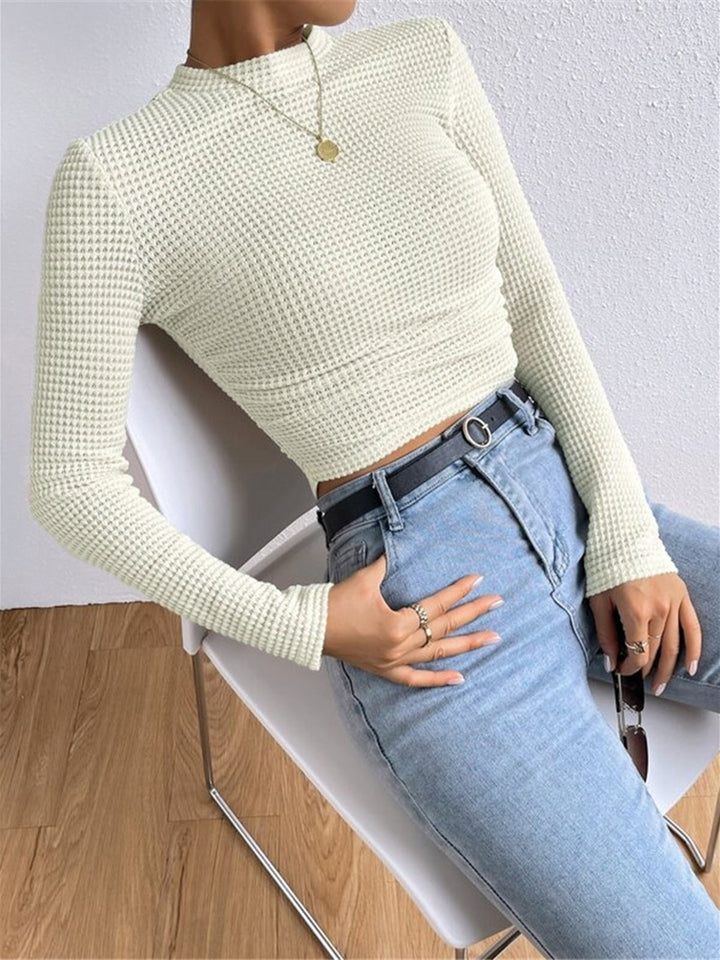 Women’s Long Sleeve Waffle-Knit Cropped Top with Flared Cuffs