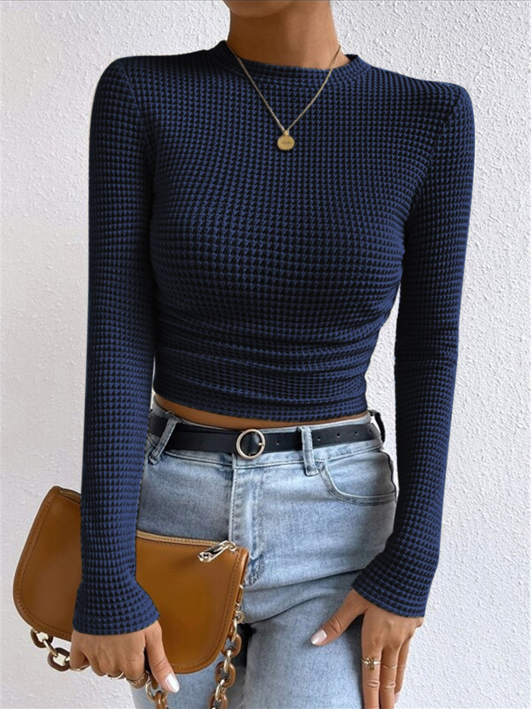 Women’s Long Sleeve Waffle-Knit Cropped Top with Flared Cuffs